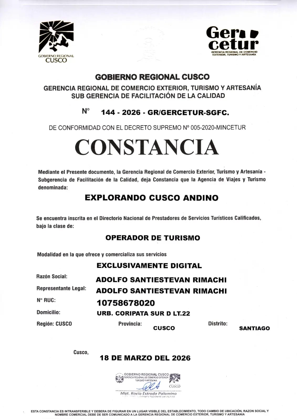 Constancia de Inscripción de Mincetur